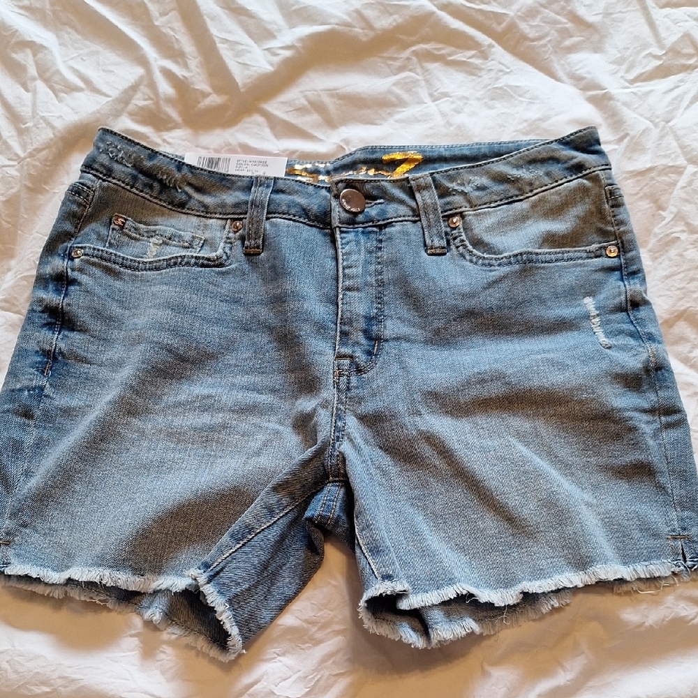 Blue Jean Shorts with Frayed Hem and Relaxed Fit